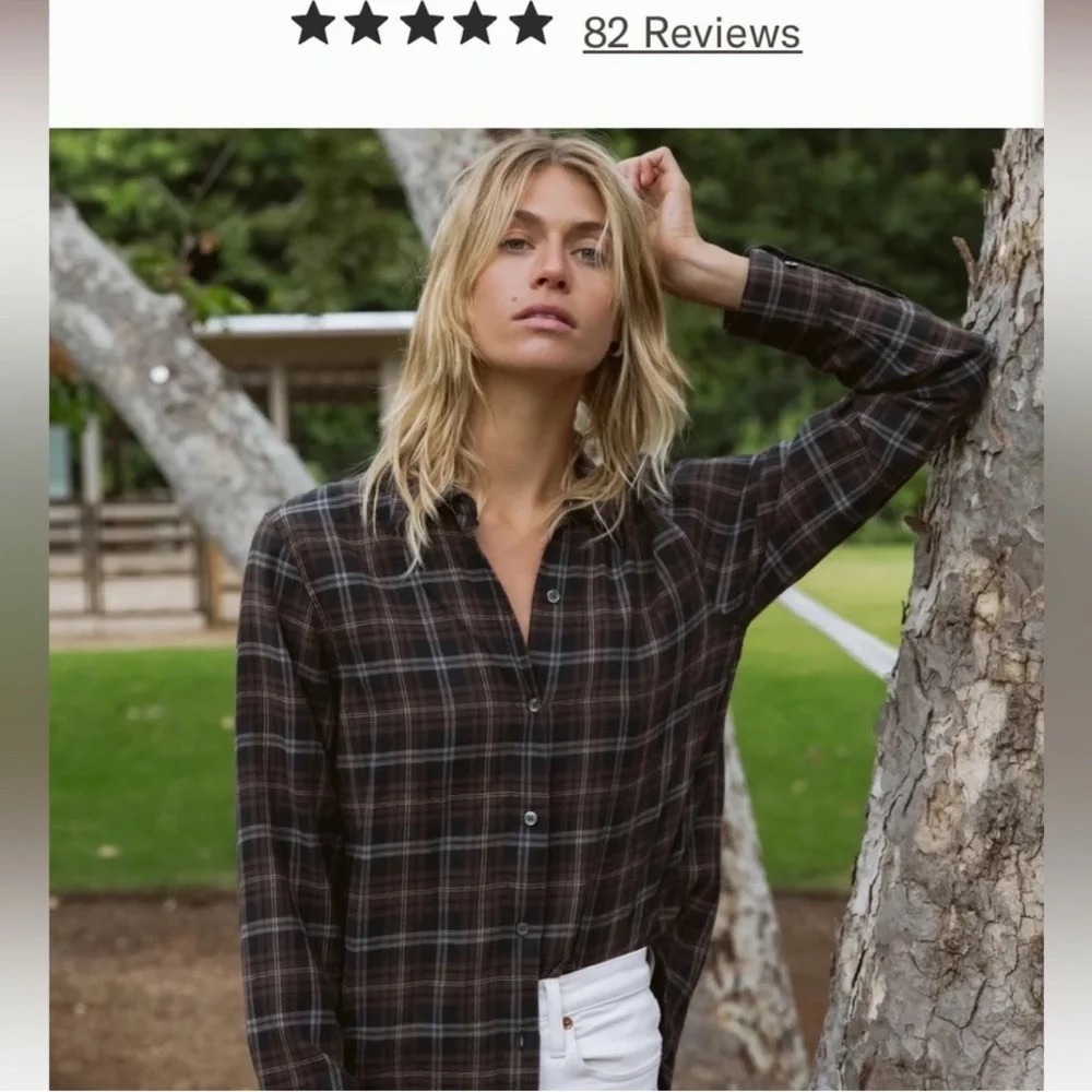 Jenni Kayne Classic Flannel Walnut Plaid Cotton Button Down Shirt Brown Grey M